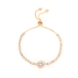 Macro shot of rose gold heart bracelet with cubic zirconia and adjustable slide clasp