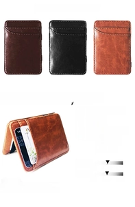 Detailed view of slim PU leather magic wallet with 4 card slots and elastic money bands