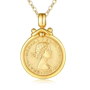 Golden S925 sterling silver Elizabeth II coin relief pendant with a classic cross chain link