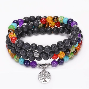 Natural Lava Rock Stone Chakra Beads Multilayer Wrap Bracelet Necklace With Alloy Tree Of Life Lotus Yoga Pendant