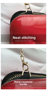 Macro detail of red patent leather lip bag showing black zipper and gold metal lobster clasp