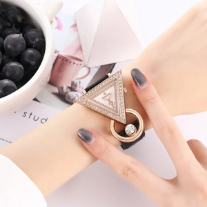 Detail of triangle rhinestone watch for women with frosted glitter strap and rose gold case