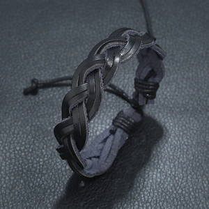 Adjustable black braided leather bracelet in punk style for men and women