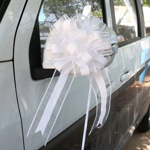 Detailed view of white macaron pull bow ribbon tied to a white car side mirror