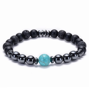 Lava rock and tiger eye beaded bracelet with blue stone and hematite beads