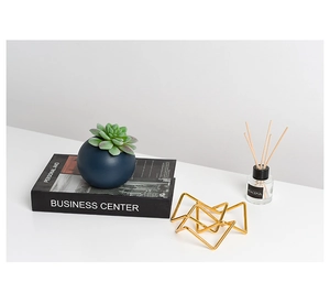 Deep blue matte ceramic succulent pot on decorative books in a modern home setting