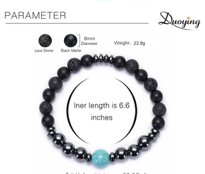 Lava stone and black matte bead bracelet with dimensions 8mm diameter and 6.6 inch inner length