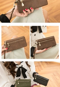 Detail shots of vintage PU leather clutches in coffee, black, and army green colors