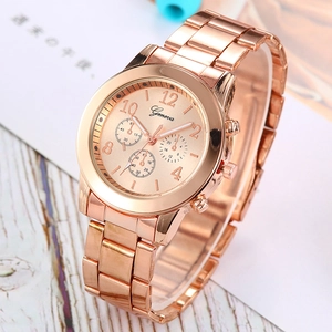 Classic rose gold Geneva ladies watch with round metal link strap and decorative sub-dials