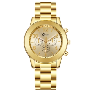 Classic Geneva women's gold alloy quartz watch with a triple sub-dial and metal link strap