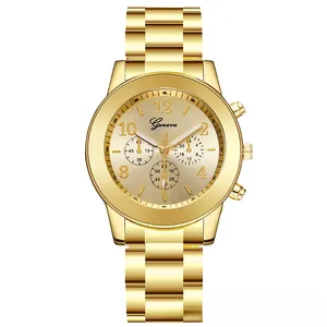 Detail view of the luxury gold Geneva quartz watch with a brushed dial and metal chain strap