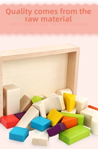 Detail showing high-quality colorful geometric wooden building blocks in a natural storage box