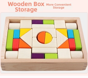 Detailed top view of 30 colorful wooden building blocks stored in a solid beech wood box