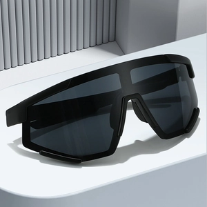 Sporty wraparound sunglasses with black frame and one-piece shield lens at 45-degree angle