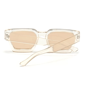 Detailed close-up of transparent rectangle thick frames with light brown tinted lenses