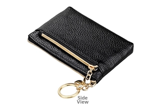 Detail view of black pebble leather coin purse with golden zipper and keychain hook