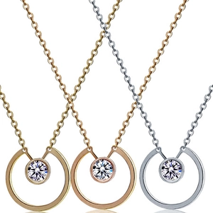 Detailed view of minimalist geometric circular pendants with central cubic zirconia in three colors