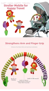Baby stroller activity arch with plush lion, monkey and bird toys with rattling sounds