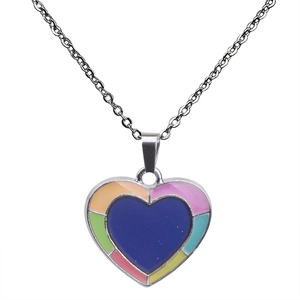 Detail of color-changing heart pendant necklace with rainbow enamel and steel chain
