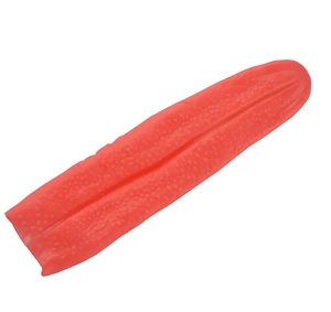 Detailed close-up of a realistic long red fake tongue with lifelike bumpy bio-texture