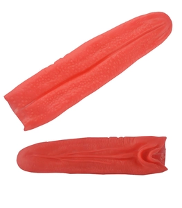 Detailed view of realistic long red silicone tongue prop with realistic texture