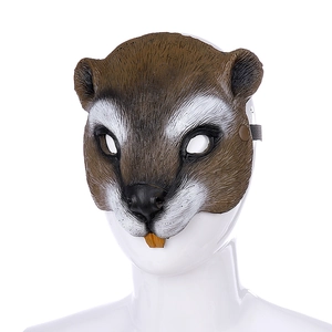 Brown squirrel foam mask for Halloween and carnival parties shown on a white display head