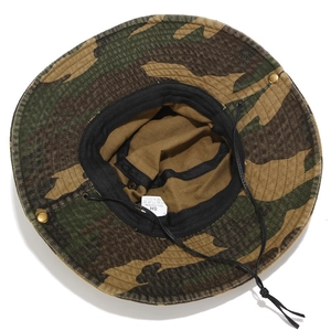 Camo washed cotton bucket hat with adjustable chin strap and side snaps for outdoor sun protection