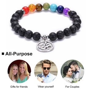 Macro detail of Seven Chakra lava stone bracelet with Om charm and lifestyle scenes