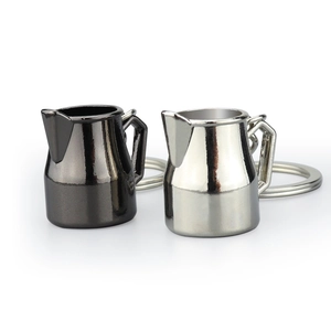 Creative 3D mini milk pitcher metal keychain in silver and gun black finishes