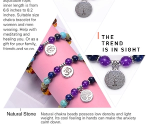 Detail view of colorful seven chakra energy stone bracelet with adjustable cord closure