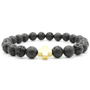 Natural Black Lava Stone Beaded Bracelet With Metal Cross Charm Hematite Stones Religious Jewelry For Men Women Retro Style
