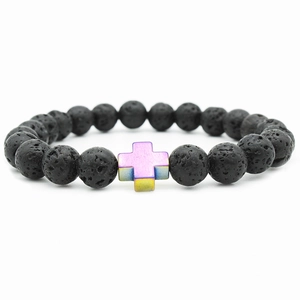 Natural black volcanic lava stone bead bracelet with a rainbow metallic cross charm