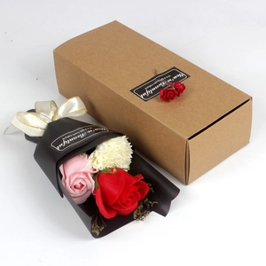 Pink and red soap rose bouquet with carnations in a luxury brown gift box set