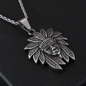 Vintage silver stainless steel Indian chief pendant necklace for men with detailed feathers