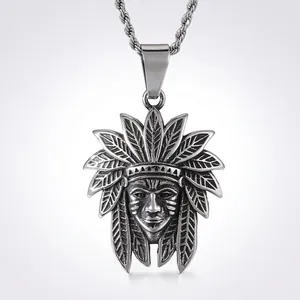 Vintage Indian Chief Head Pendant Stainless Steel Punk Style Retro Hip Hop Jewelry Accessory For Men