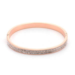 Minimalist rose gold double-row rhinestone titanium steel bangle on white background