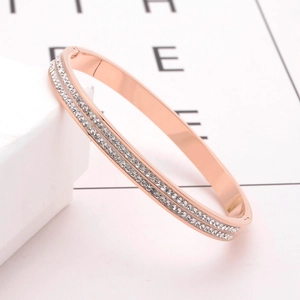 Elegant rose gold titanium steel bracelet featuring double row pavé cubic zirconia