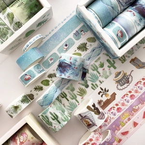 Set of 8 fresh washi tape rolls with botanical and ocean illustrations for DIY journaling