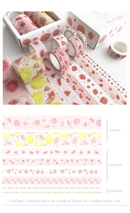 Detailed pattern view of 8 fruit-themed washi tapes with specifications and packaging