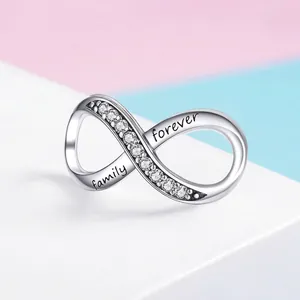 S925 sterling silver infinity charm with family forever engraving and white cubic zirconia