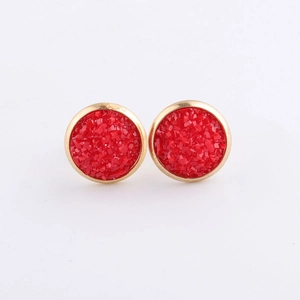 Macro shot of 10mm round red crystal druzy stud earrings with gold plating