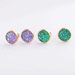 Faux Druzy Stud Earrings Stainless Steel Gold Plated Round Sparkly Jewelry For Women Girls