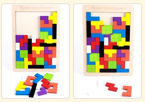Detail of colorful wooden Tetris puzzle showing loose blocks and completed assembly