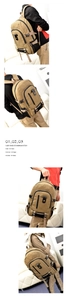 Collage of model wearing a khaki canvas vintage backpack with multiple pockets and buckles