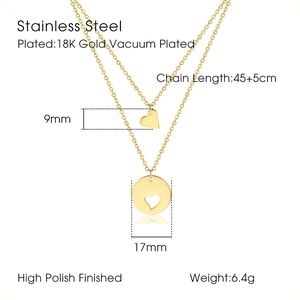 Detailed specs of double-layer stainless steel necklace with 18K gold plating and heart charms