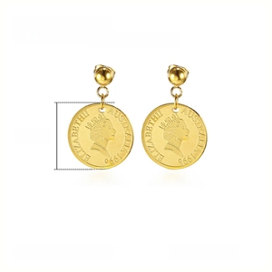 Detail of 17mm gold plated stainless steel Elizabeth II coin earrings with polished finish
