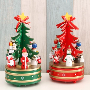 Wooden Rotating Christmas Tree Music Box Mechanical Desktop Ornament Festive Holiday Decoration Gift For Home Tabletop