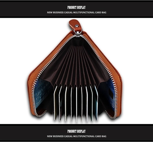 Detail view of leather card holder with accordion slots and durable metal zipper