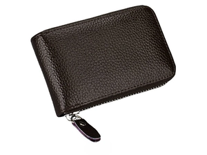 Side view of dark brown pebbled leather wallet showing zipper closure and silver hardware