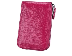 Detailed back view of a rose pink leather accordion card wallet with pebble texture